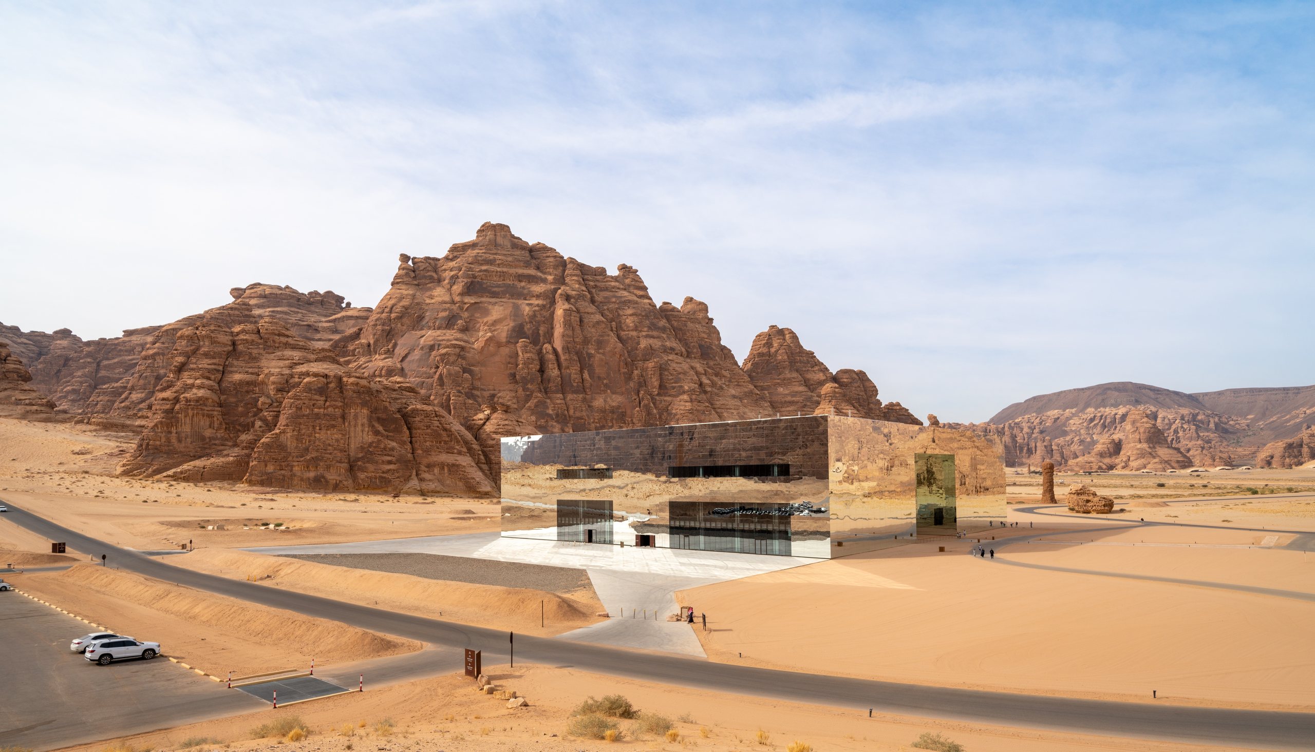 Maraya mirrored concert hall among the sandstone cliffs of AlUla, Saudi Arabia