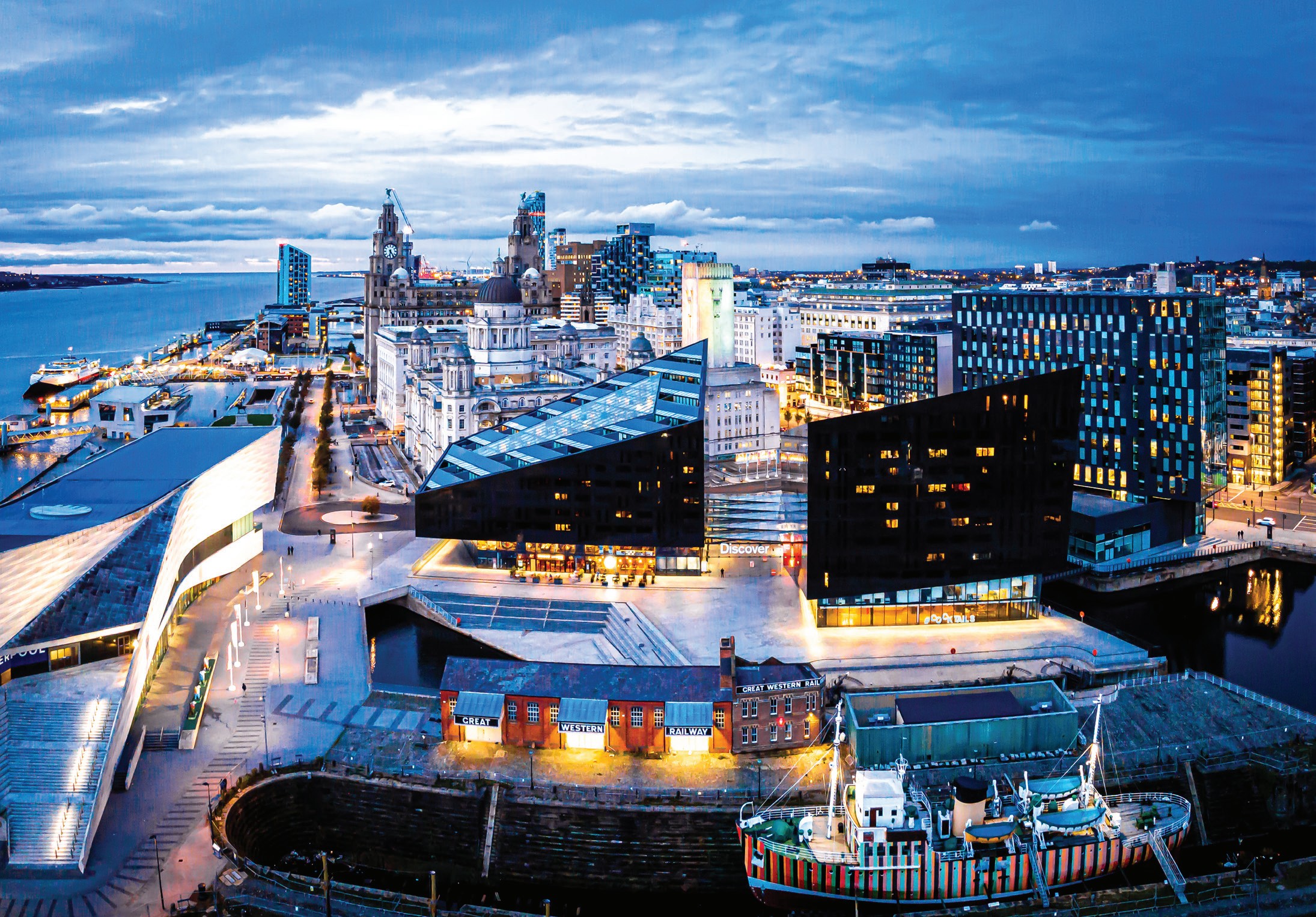 Liverpool waterfront cityscape with the Royal Liver Building and the River Mersey