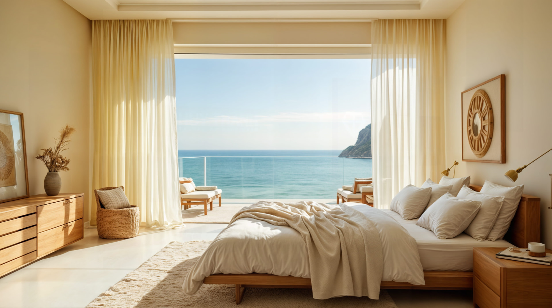 Bright hotel room with sea view and warm timber finishes