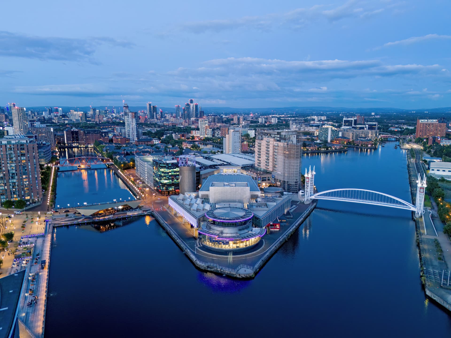 Aerial view of Salford Quays and MediaCityUK at dusk