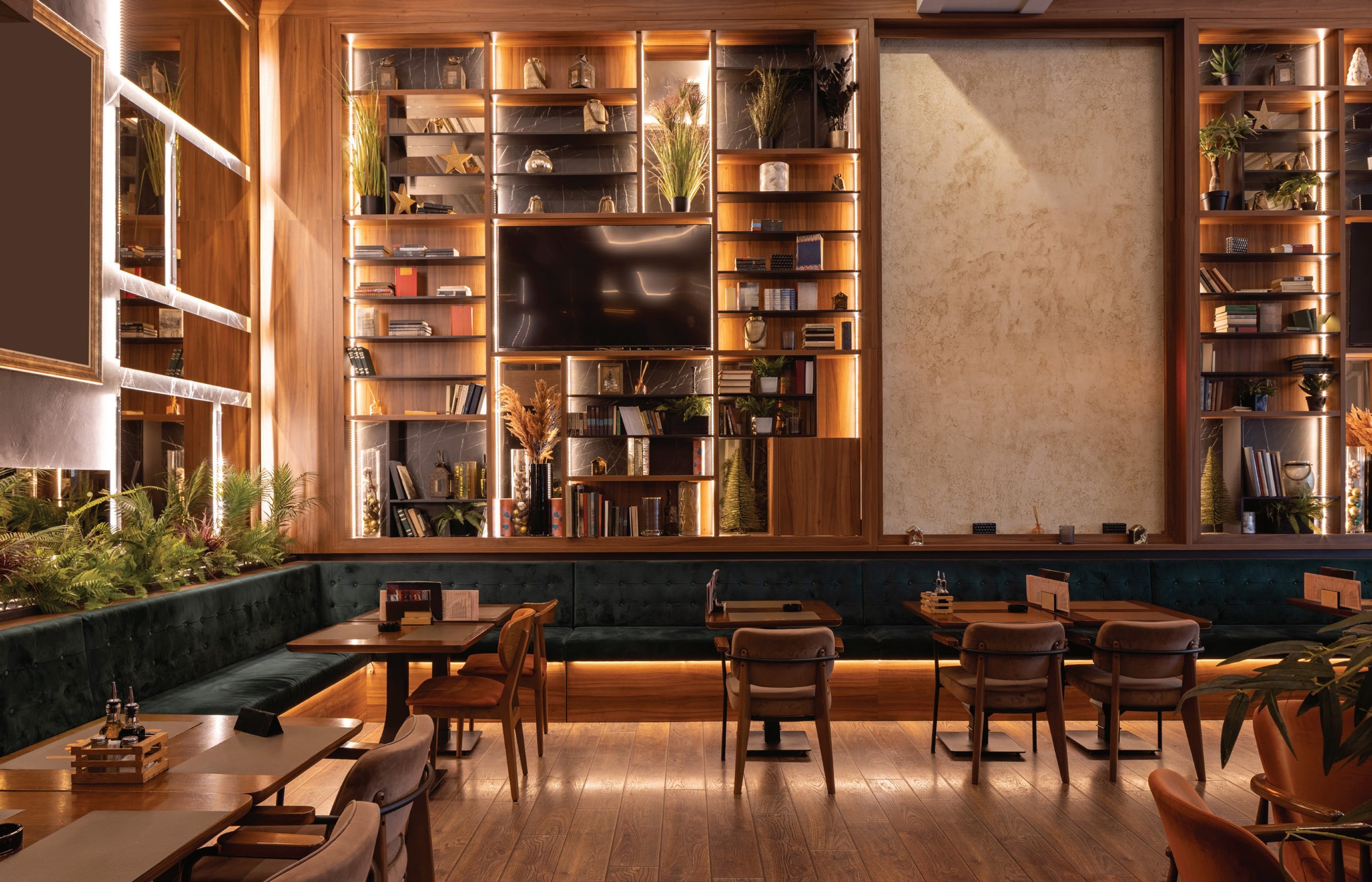 Elegant Cardiff restaurant interior with warm lighting